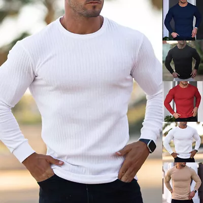 Buy Mens Ribbed Casual Slim Fit Sweater Tops Knitted Long Sleeve Jumper Pullover Tee • 3.99£