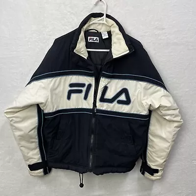 Buy Vintage Fila Y2K Puffer Bomber Jacket Streetwear Size Small Full Zip Black White • 30.99£
