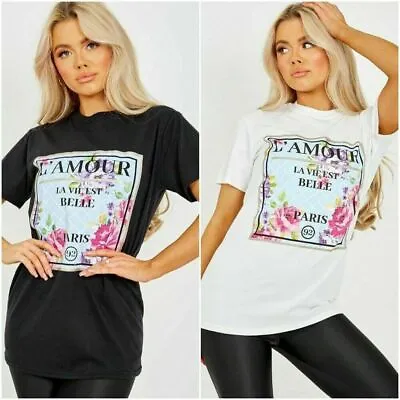 Buy Ladies Floral L' Amour Graphic Print Short Sleeve T-Shirt Oversized Tee Top New  • 7.49£