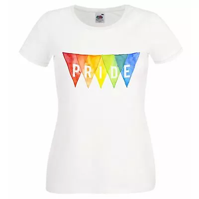 Buy Ladies White LGBT Pride Rainbow Bunting Flag Festival Party T-Shirt • 12.95£