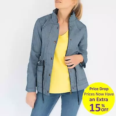 Buy White Stuff Womens Denim Jacket Pinstripe Layla Blue Zip Up Drawstring Relaxed • 28.01£