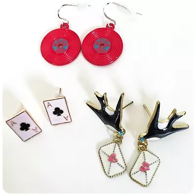 Buy 3 Pairs Retro Rockabilly Pin Up Earrings Swallows Vinyl Lp Playing Cards New • 5.95£
