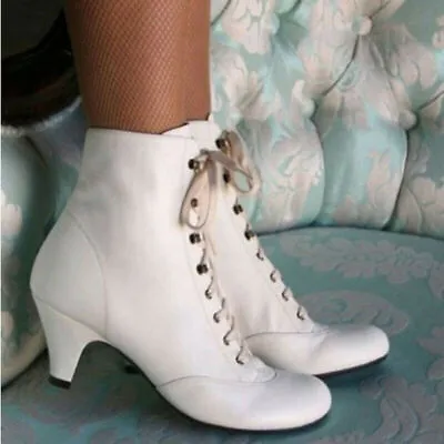 Buy Womens Gothic Kitten Heel Ankle Boots Ladies Vintage Lace Up Booties Shoes Size • 8.26£