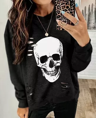 Buy Ladies Black Skull Print Sweatshirt Distressed Y2K Goth, Punk, Grunge • 32.13£