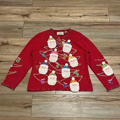 Buy Design Options Cardigan Sweater SZ Large Red Santa Tacky Christmas Jane Gordon • 94.49£