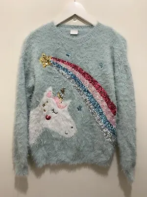 Buy Girls Light Green Fluffy Knit Sequin Unicorn Shooting Star Jumper 12-13yr Xmas • 7.99£