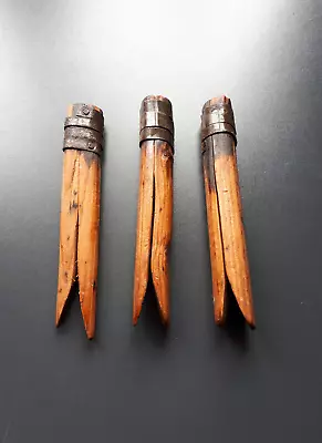 Buy 3 Antique Gypsy-made, Tin Bound, Split Pine Clothes Pegs Of Superb Patina. • 8£