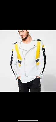 Buy Men’s Tigha Leather Biker Jacket In White Yellow Black • 200£