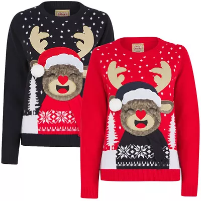Buy Women’s Christmas Jumper Reindeer Knitted Xmas Sweater Novelty 3D Pom Pom Fur • 23.99£