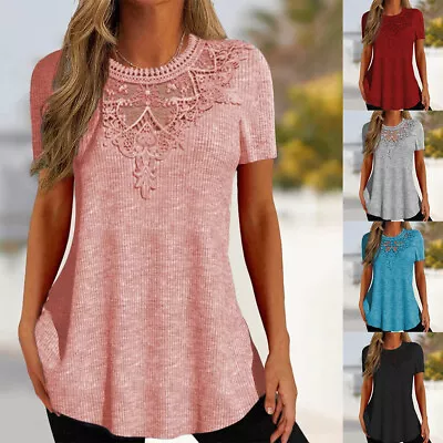 Buy Womens Lace Tunic Tops Ladies Floral Loose Short Sleeve T Shirt Blouse Plus Size • 4.99£