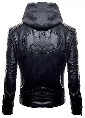 Buy Batman Arkham Logo Hoodie Motorcycle Brando Real Leather Fashion Men New Jacket • 99.99£