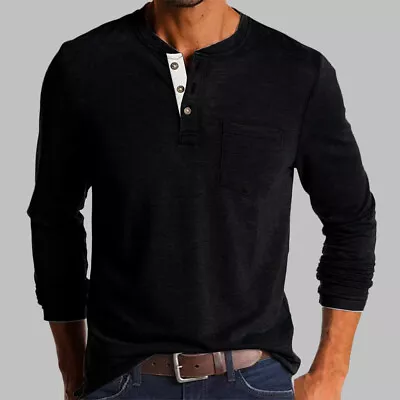Buy Mens Casual Long Sleeve T-shirt Henley Grandad V Neck Button Solid Tee Shirt Top • 13.99£
