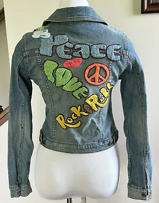 Buy Gadzooks Peace Love Rock & Roll Embroidered Jean Jacket - Small • 21.81£