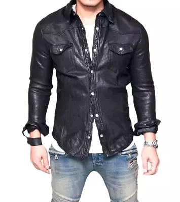 Buy Men's Leather Shirt Casual Style Real Lambskin Black Slim Fit Leather Jacket • 94£