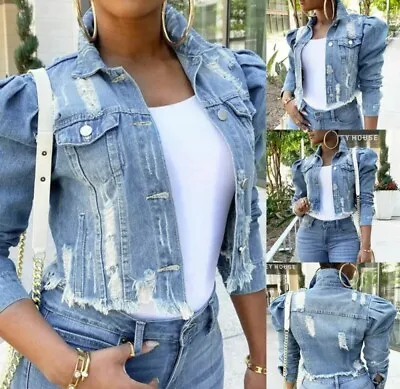 Buy Womens Ripped Denim Short Jeans Jacket Stretch Fitted Puff Sleeve Size XL  • 22.99£