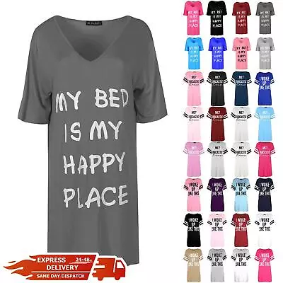 Buy Womens Sleepwear My Bed Is My Happy Place Ladies V Neck Oversized Baggy PJ Dress • 8.49£