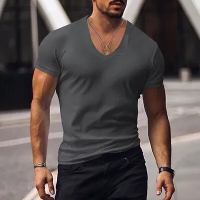Buy Mens Gym V Neck Muscle T Shirt Men Summer Short Sleeve Holiday Slim Fit Tops • 10.89£