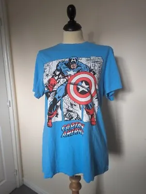 Buy Captain America Marvel 100% Cotton T-Shirt Blue Turquoise Short Sleeve Mens M  • 5.50£