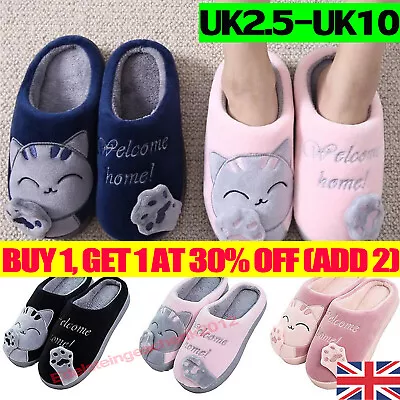 Buy Women Men Family Cute Cat Paw Soft Plush Slippers Anti-slip Spring Shoes Warm UK • 8.77£