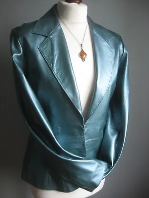 Buy BLUE LEATHER JACKET Metallic 12 10 Silver ANAGRAM  Shiny Showman Compere ALLDERS • 124.99£