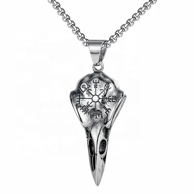 Buy Stainless Steel Norse Viking Raven Crow Crows Head Skull Helm Of Awe Necklace • 13.95£