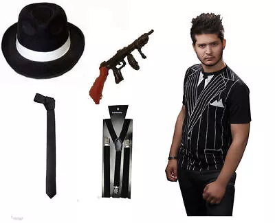 Buy Black Gangster Hat Tie Braces Printed T-shirt AL Capone 20s Fancy Dress Costume • 8.99£