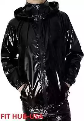 Buy Black  PVC Vinyl Mens Shinny Gothic Patent Waterproof Winters Hoodie Jacket • 96.99£