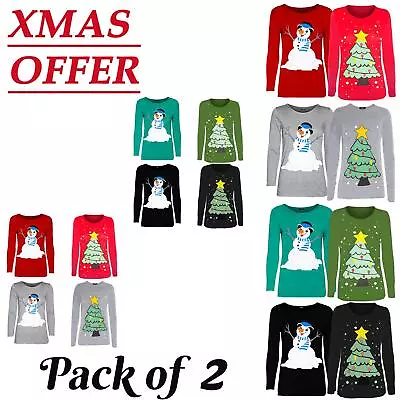 Buy Womens Christmas Printed Casual Baggy Ladies Long Sleeve Xmas T Shirt Top 2COMBO • 4.99£