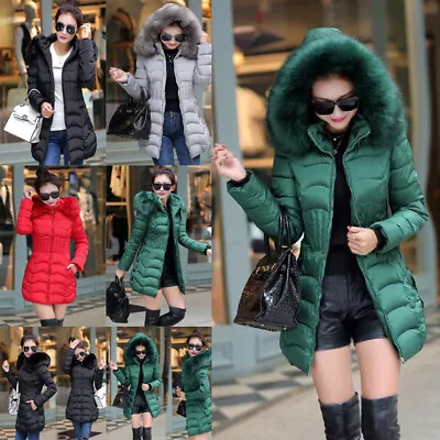 Buy Puffer Ladies Winter Jacket Fur Hooded Padded Quilte Coat Women Coat Parka Long • 29.58£