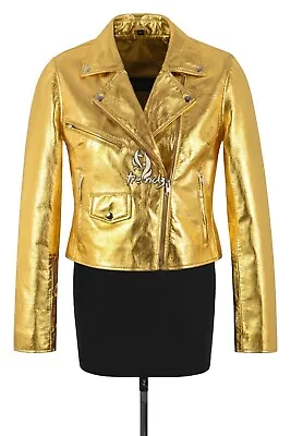 Buy Women's Brando Metallic Foil Golden Slim-fit Biker Leather Jacket Emma Watson • 99£
