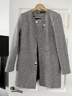 Buy Zara Ladies Black White Dogtooth Check Retro Style Long Blazer Jacket Size L • 15£