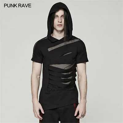 Buy Punk Rave Men Short Sleeve Top Hip Hop Hooded Loose Knitted Broken Hole  T-Shirt • 51.70£