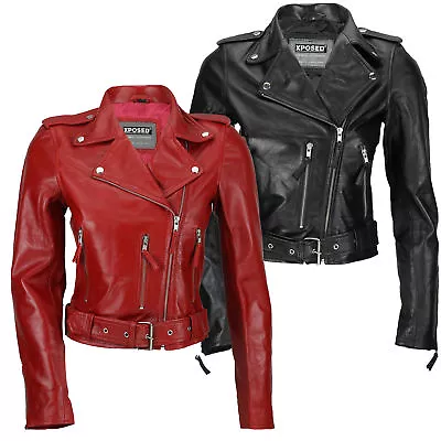 Buy Ladies 100% Real Soft Leather Slim Fit Short Retro Rock Biker Jacket Black Red • 49.99£