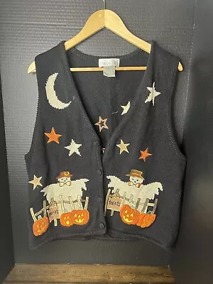 Buy VTG Mandal Bay Sweater Womens XL Black Cardigan Vest Halloween Ghost Pumpkin WOW • 18.94£