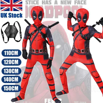 Buy Kids Deadpool Costume Superhero Cosplay Boy Lycra Morph Party Jumpsuit + Swords • 17.38£