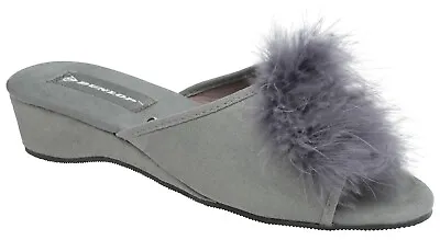 Buy Ladies Womens Wedge Slippers Dunlop Feather Pom Pom Faux Suede Mules Heel Shoes • 9.99£