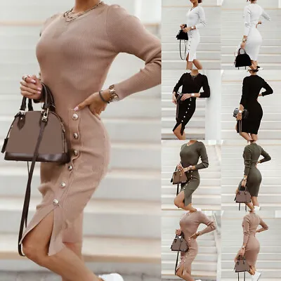 Buy Womens Sexy Ribbed Midi Jumper Dress Ladies Long Sleeve Cocktail Party Bodycon • 14.39£