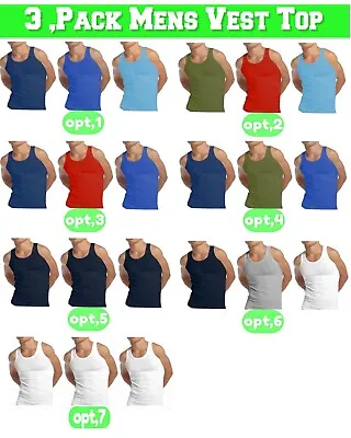 Buy Mens Vest Tops 3 Pack 100% Cotton Summer Gym Training Tank Sports T-Shirt • 7.25£