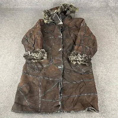 Buy VINTAGE Sheepskin Jacket Womens Small Brown Coat Hooded Leather Warm Fluffy Y2K • 7£