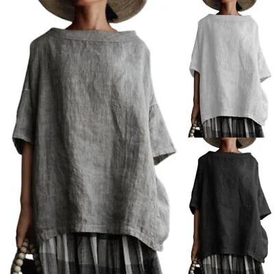Buy Womans Linen-Look T-shirts Tops Summer Baggy Casual Boho Tunic Blouse Plus Size- • 14.97£