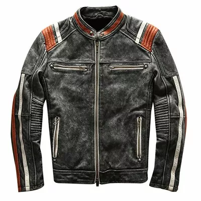 Buy Men's Vintage Motorcycle Cafe Racer Biker Retro Moto Distressed Leather Jacket • 81.55£