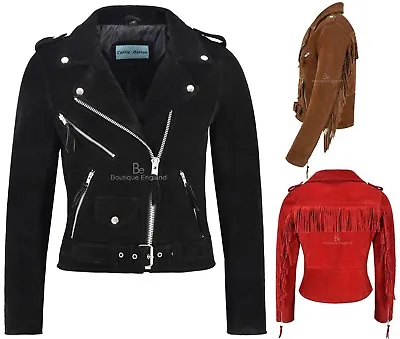 Buy Ladies Fringe BRANDO Suede Leather Jacket Biker Motorcycle Style Real MBF • 119.75£