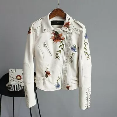 Buy Women Floral Print Embroidery Faux Soft Leather Jacket Casual Punk Outerwear Top • 27.73£