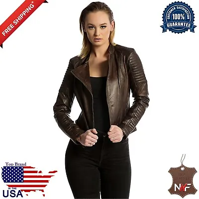 Buy Women's Genuine Lambskin Leather Jacket Motorcycle Slim Fit Biker Sylvia Jacket • 177.18£