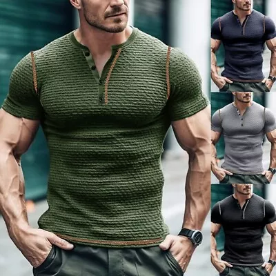 Buy Mens Slim Fit Muscle Tops Ribbed T-Shirt Short Sleeve Sports Gym Shirts Size 44 • 13.99£