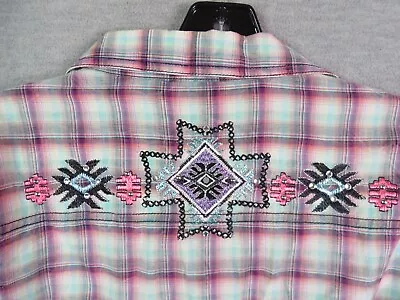 Buy Wrangler Womens Shirt Medium Purple Rock 47 Aztec Embroidered Plaid Rhinestone • 23.67£