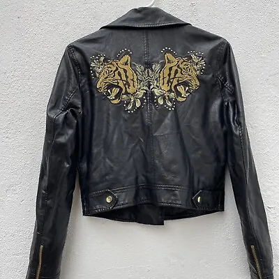 Buy Guess LA Gold Tigers Faux Leather Jacket Womens Small Black Cropped Biker 80s 90 • 59.99£