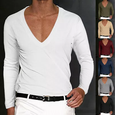 Buy Mens V Neck Solid Long Sleeve T-shirt Slim Casual Work Blouse Tops Pullover • 11.49£