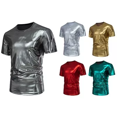 Buy Silver Wet Look Shiny Men's Short Sleeve T Shirt Round Neck Nightclub Blouse • 19.01£