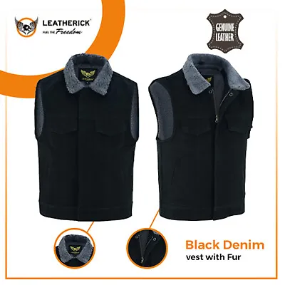Buy Men Black Denim Sleeveless Grey Fur Collar Liner Body Warmer Trucker Biker Vest • 28.99£
